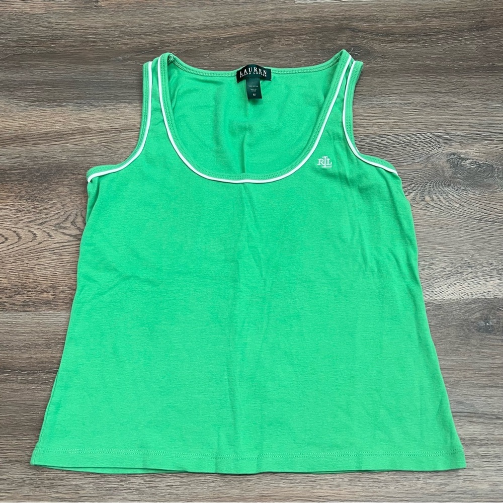 Lauren Ralph Lauren Green Cotton Tank Top with White Trim Vintage Medium